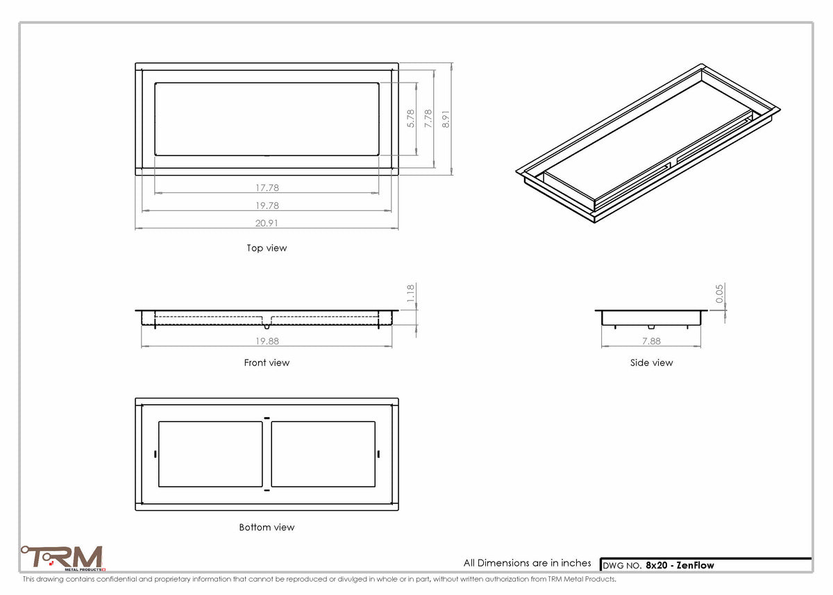 8x20 ZenFlow floor register, dimensions drawing