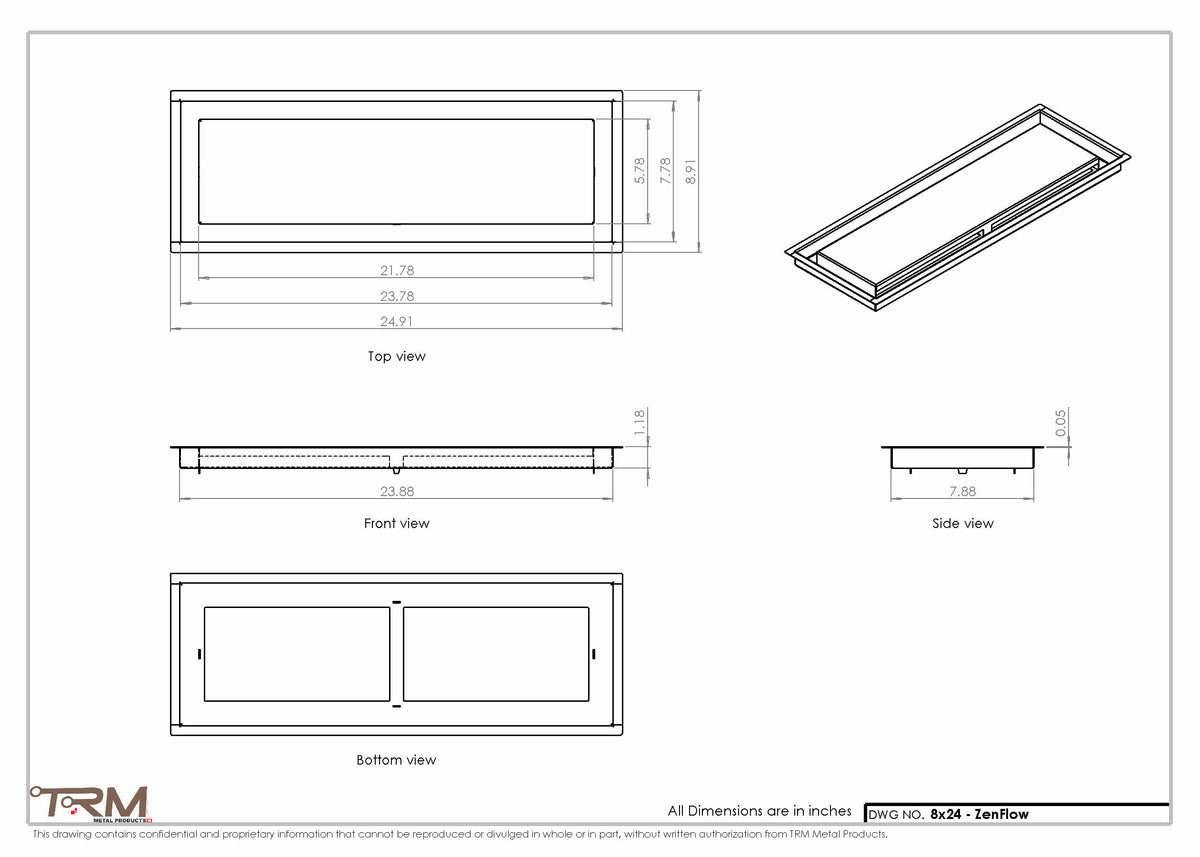 8x24 ZenFlow floor register, dimensions drawing