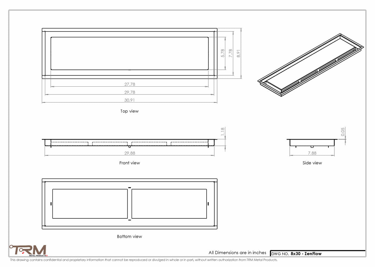 8x30 ZenFlow floor register, dimensions drawing