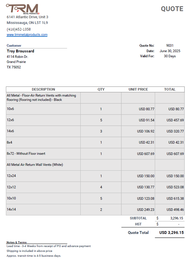 Custom Order Per Quote