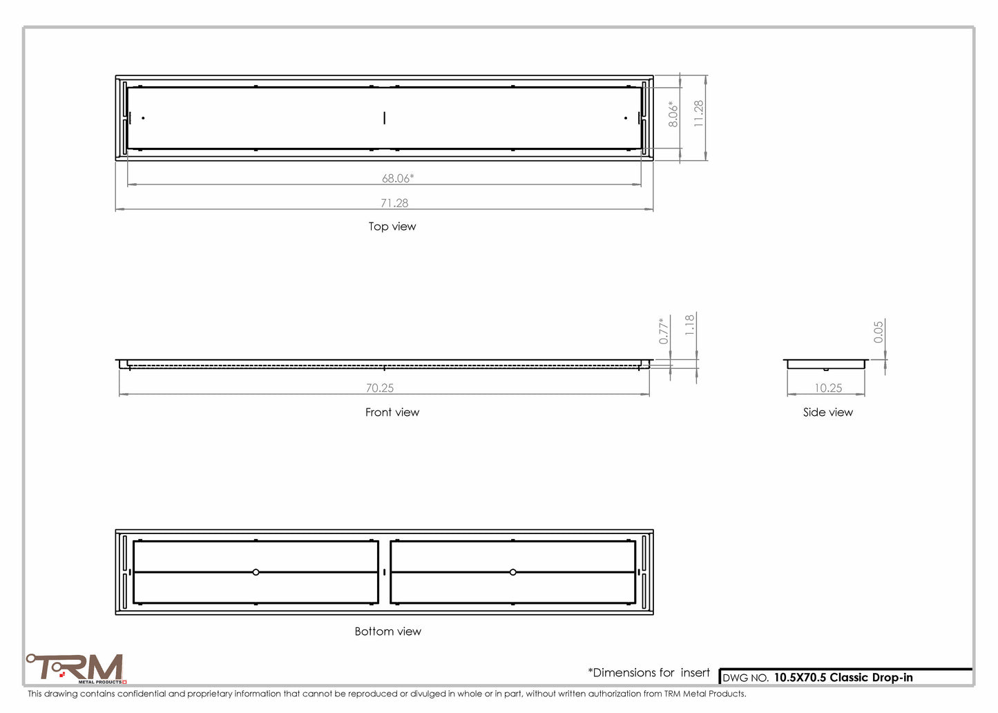 10.5x70.5 - Classic Drop-in Air Vent, Flush Floor-Matching, All Metal, Floor Vent Cover - TRM Metal  70.5x10.5