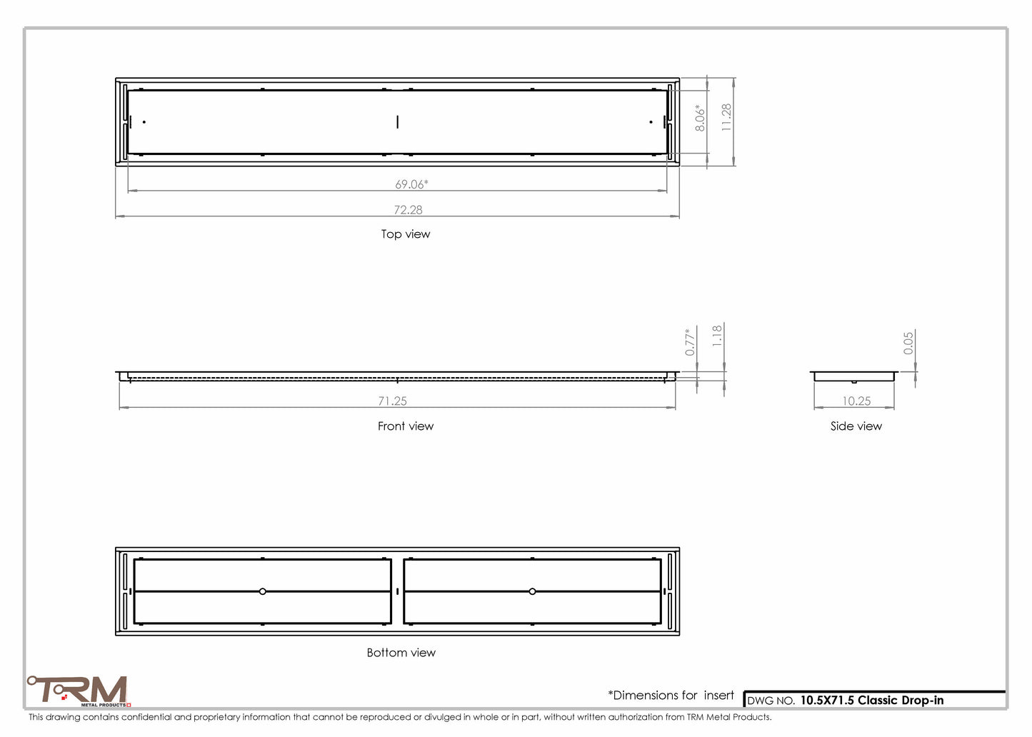 10.5x71.5 - Classic Drop-in Air Vent, Flush Floor-Matching, All Metal, Floor Vent Cover - TRM Metal  71.5x10.5