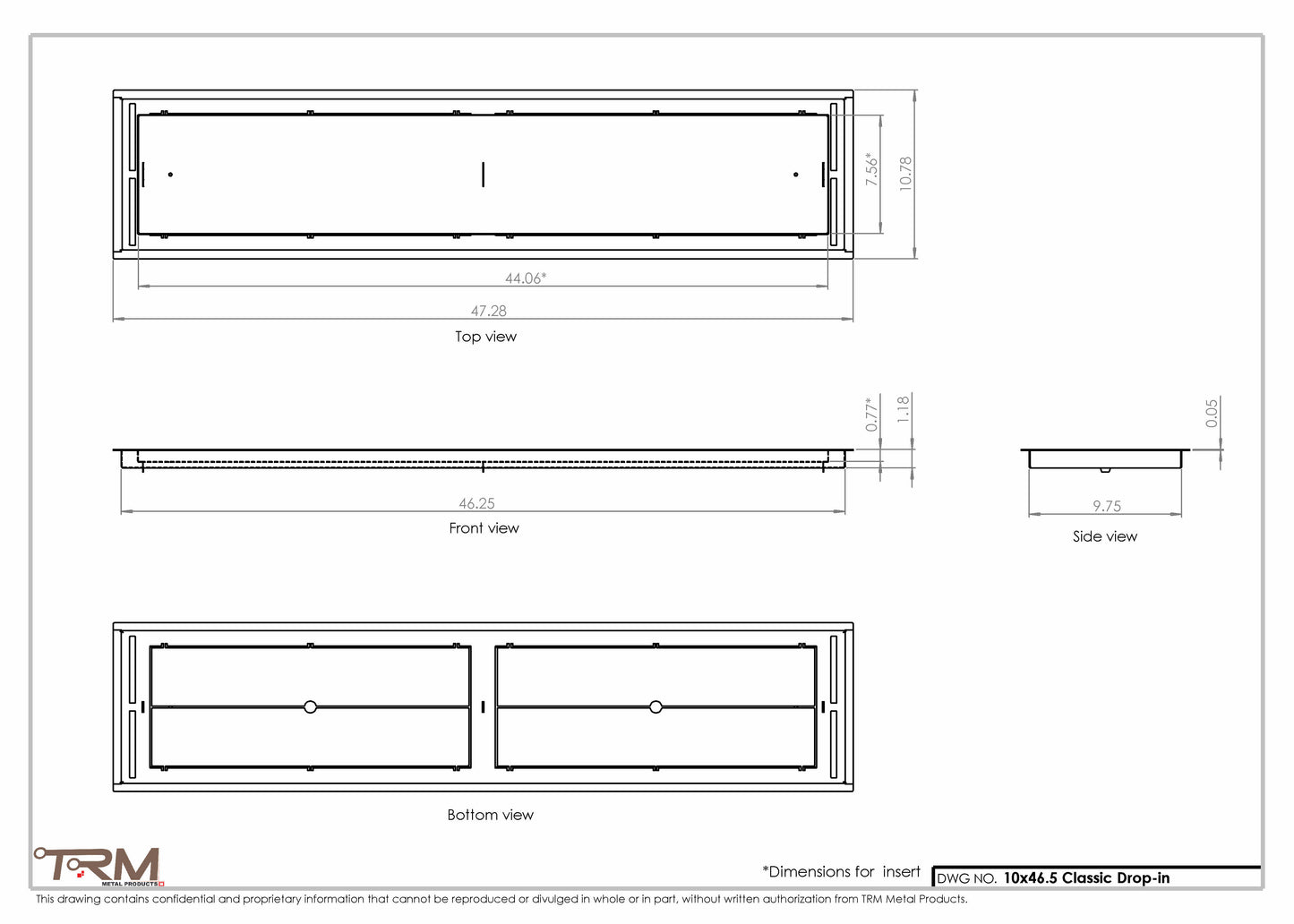10x46.5 - Classic Drop-in Air Vent, Flush Floor-Matching, All Metal, Floor Vent Cover - TRM Metal  46.5x10