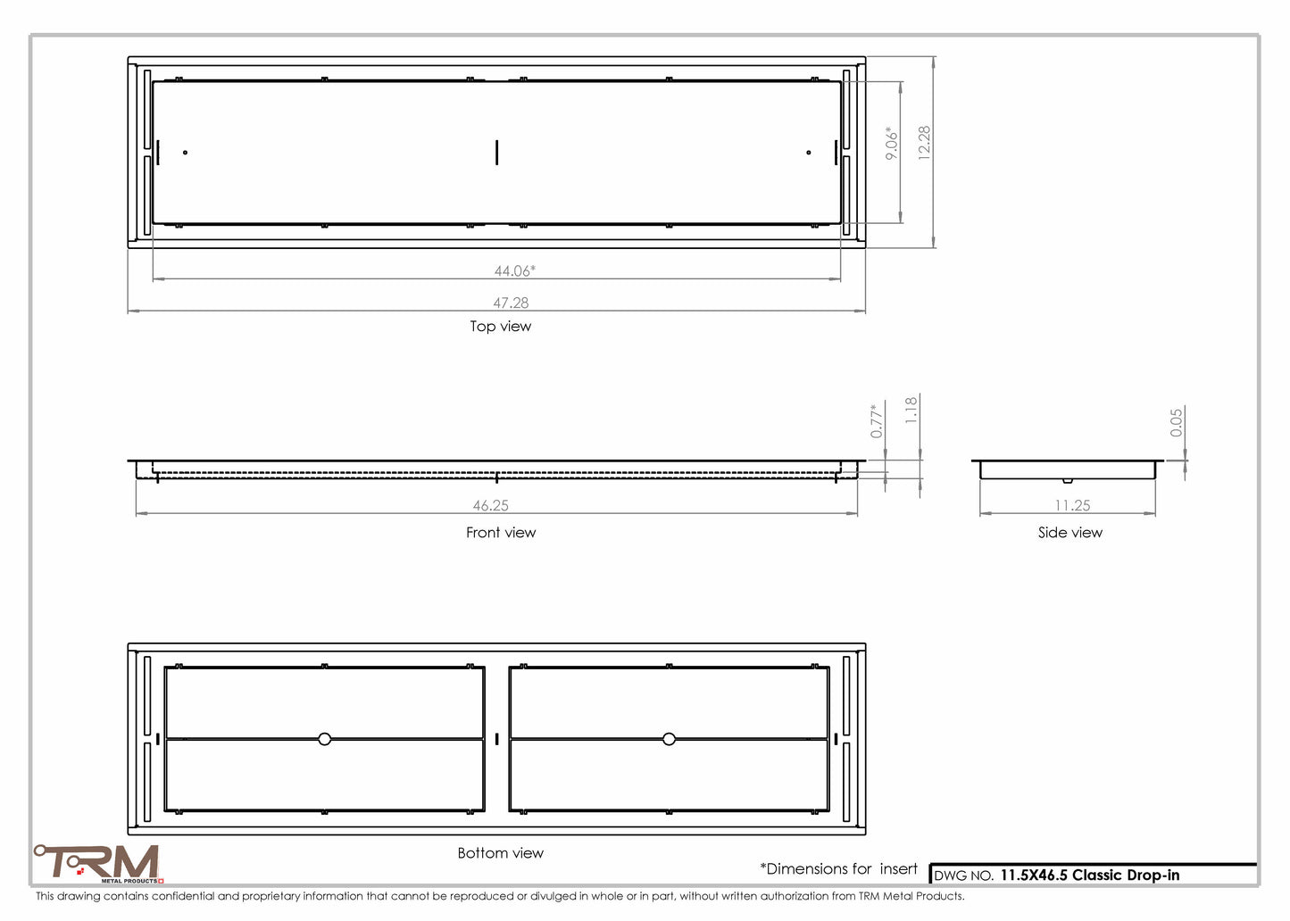 11.5x46.5 - Classic Drop-in Air Vent, Flush Floor-Matching, All Metal, Floor Vent Cover - TRM Metal  46.5x11.5