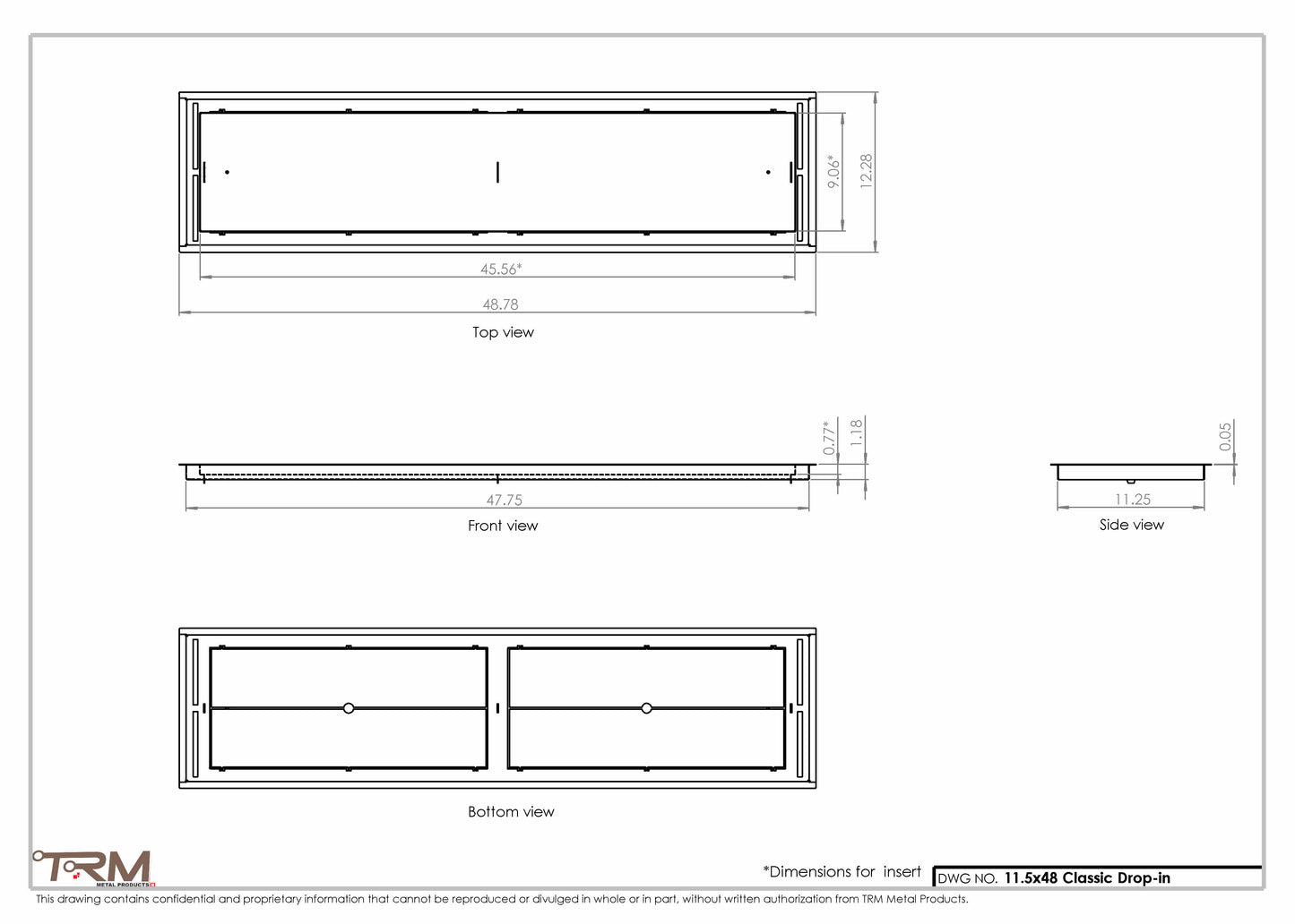 11.5x48 - Classic Drop-in Air Vent, Flush Floor-Matching, All Metal, Floor Vent Cover - TRM Metal  48x11.5
