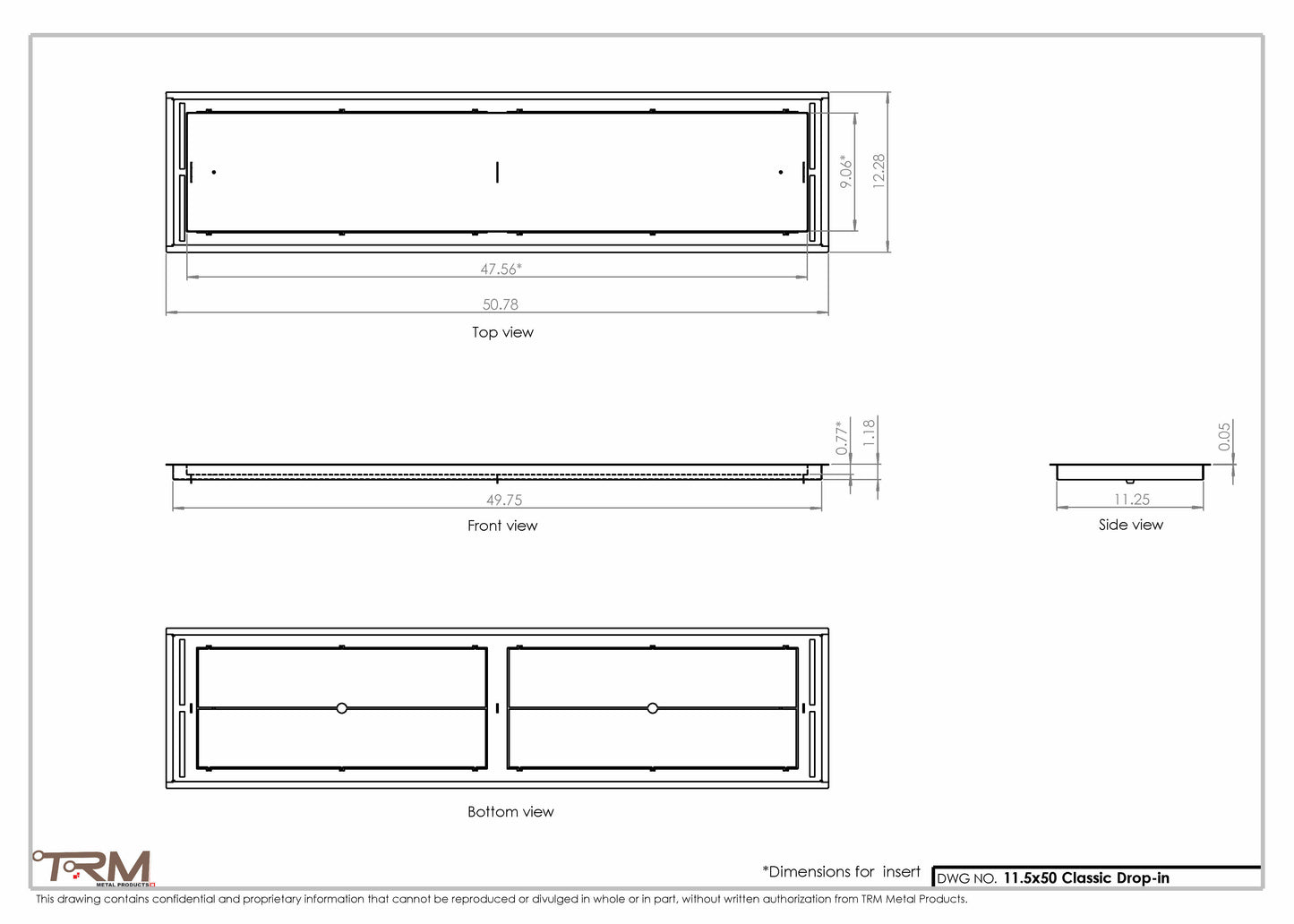 11.5x50 - Classic Drop-in Air Vent, Flush Floor-Matching, All Metal, Floor Vent Cover - TRM Metal  50x11.5