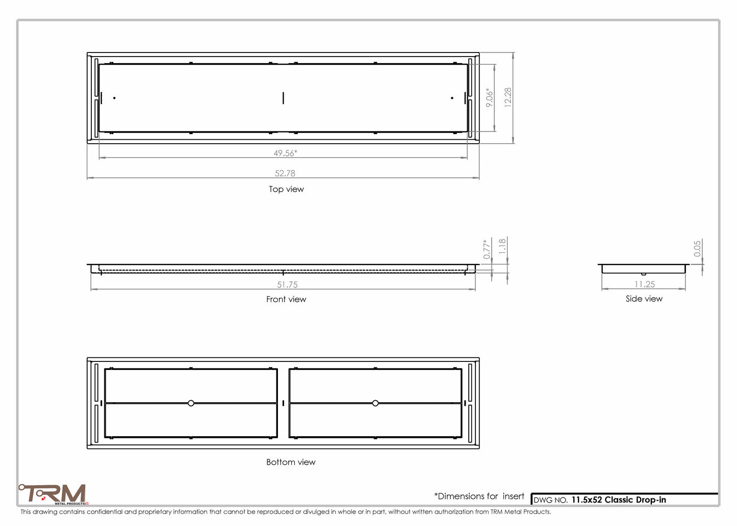 11.5x52 - Classic Drop-in Air Vent, Flush Floor-Matching, All Metal, Floor Vent Cover - TRM Metal  52x11.5