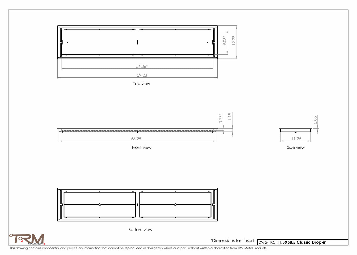 11.5x58.5 - Classic Drop-in Air Vent, Flush Floor-Matching, All Metal, Floor Vent Cover - TRM Metal  58.5x11.5