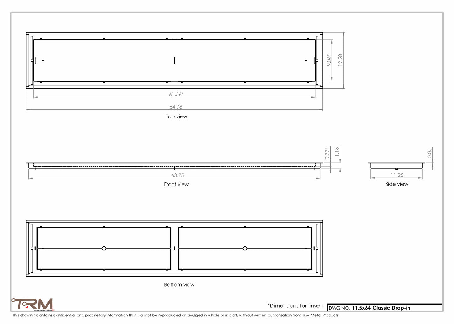 11.5x64 - Classic Drop-in Air Vent, Flush Floor-Matching, All Metal, Floor Vent Cover - TRM Metal  64x11.5