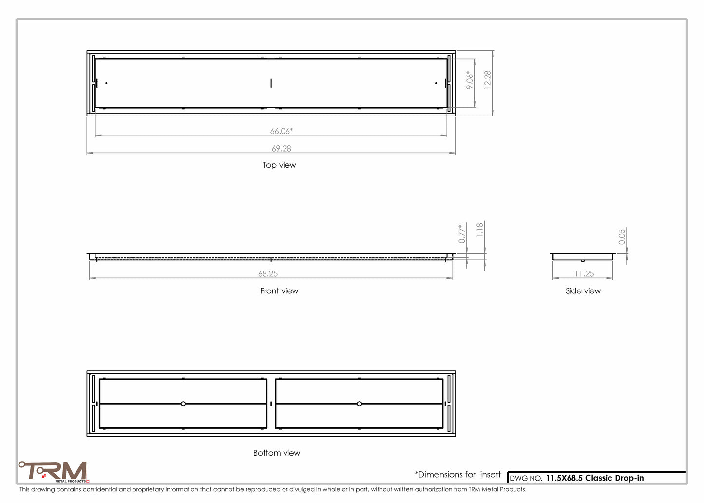 11.5x68.5 - Classic Drop-in Air Vent, Flush Floor-Matching, All Metal, Floor Vent Cover - TRM Metal  68.5x11.5