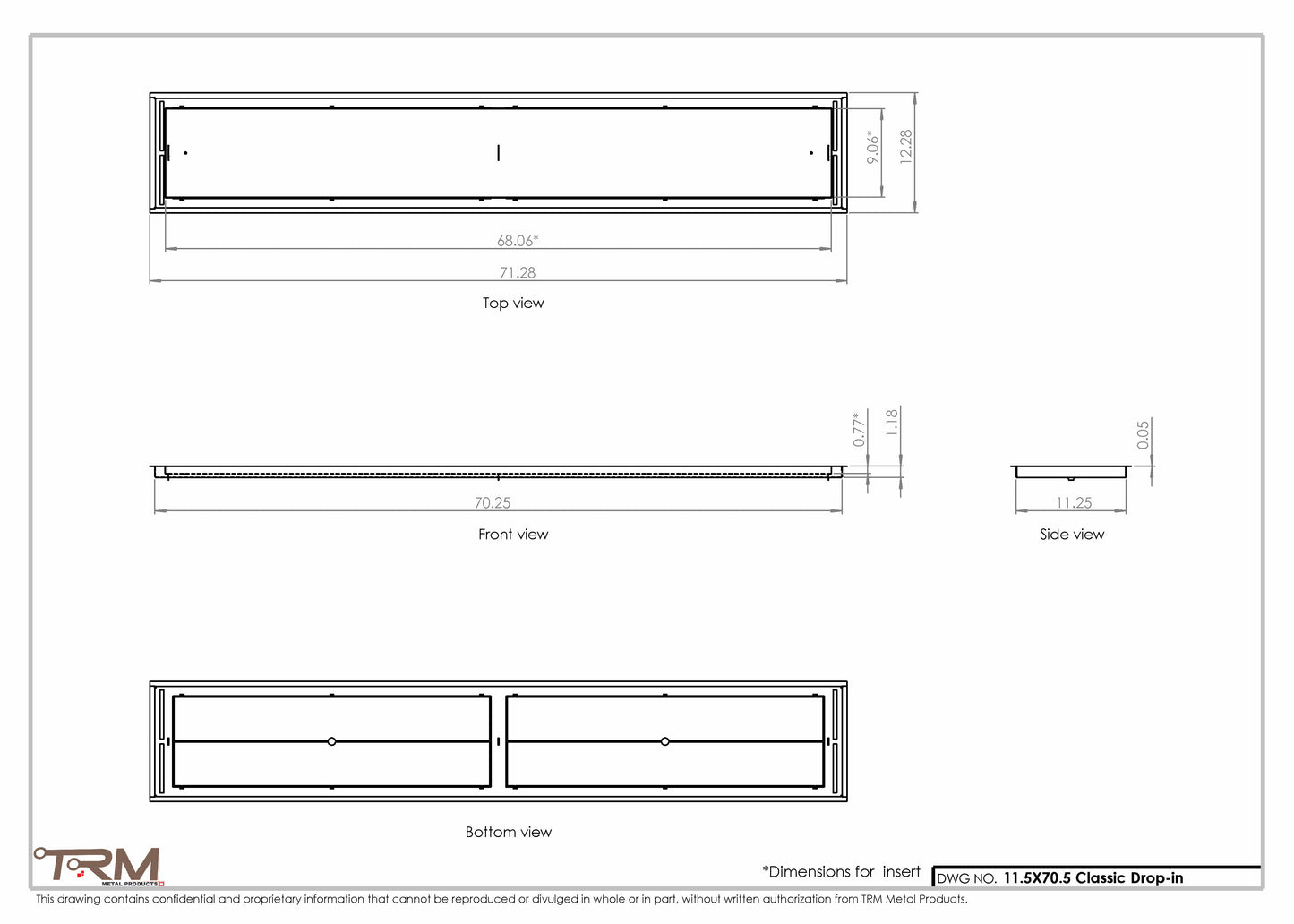 11.5x70.5 - Classic Drop-in Air Vent, Flush Floor-Matching, All Metal, Floor Vent Cover - TRM Metal  70.5x11.5