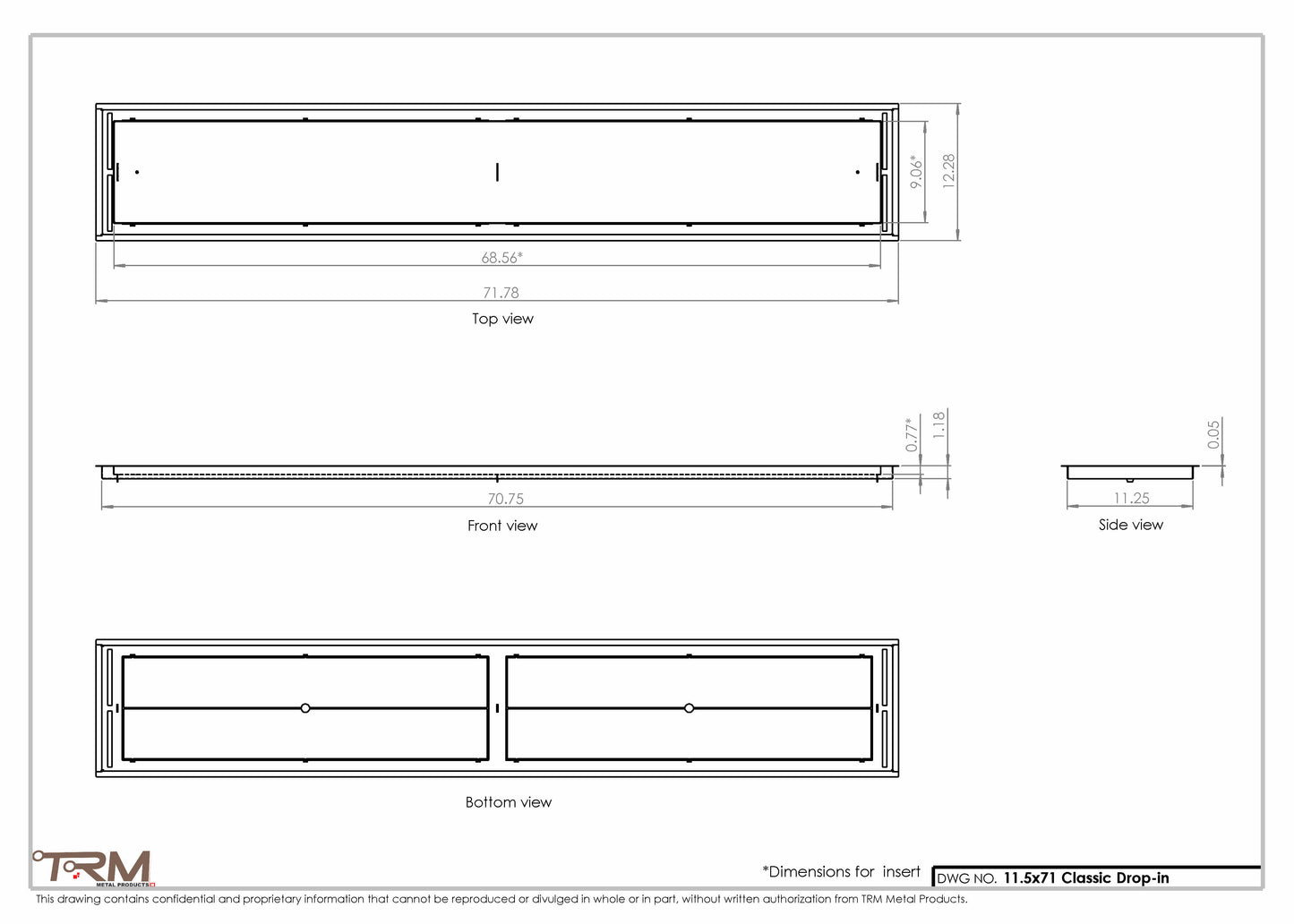 11.5x71 - Classic Drop-in Air Vent, Flush Floor-Matching, All Metal, Floor Vent Cover - TRM Metal  71x11.5