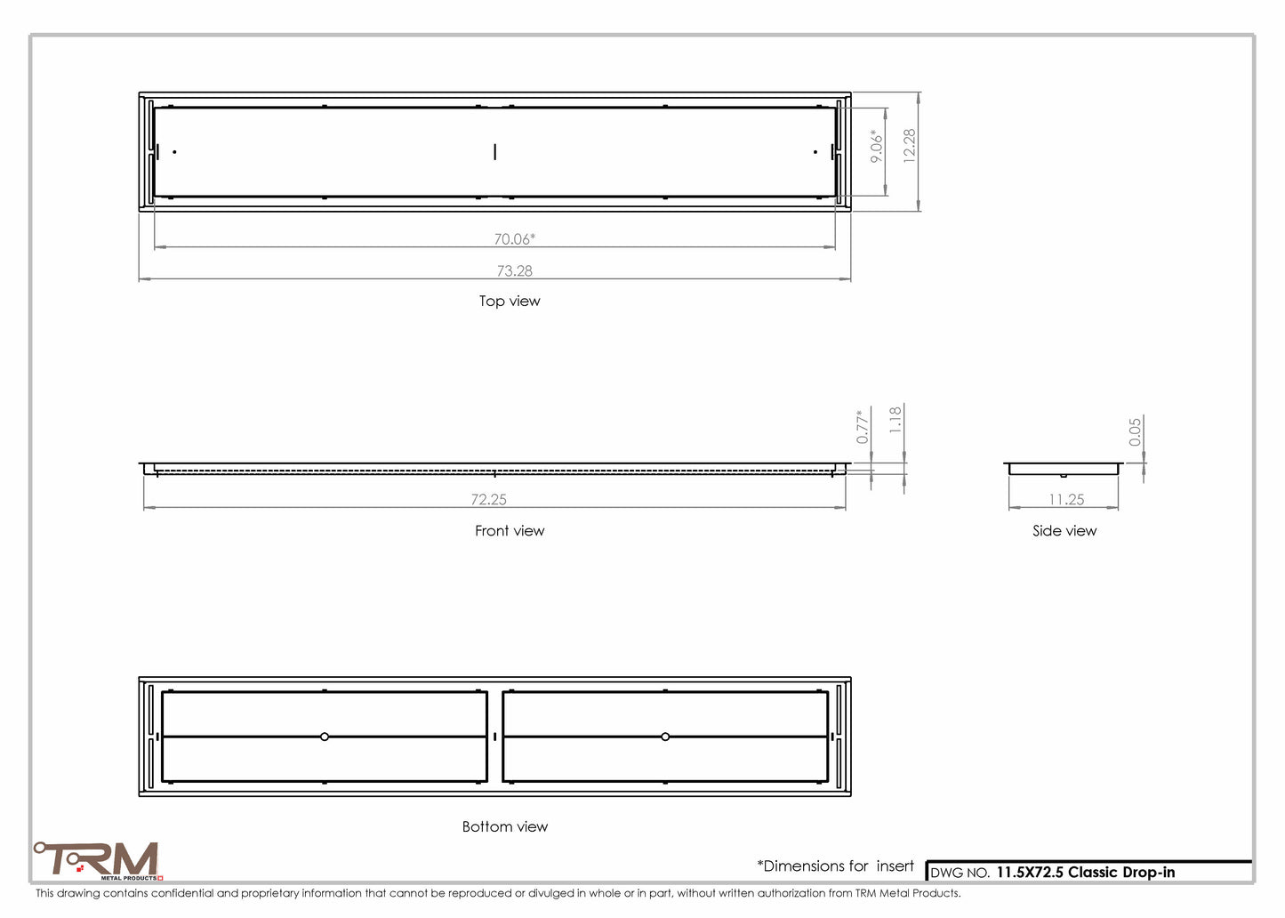 11.5x72.5 - Classic Drop-in Air Vent, Flush Floor-Matching, All Metal, Floor Vent Cover - TRM Metal  72.5x11.5