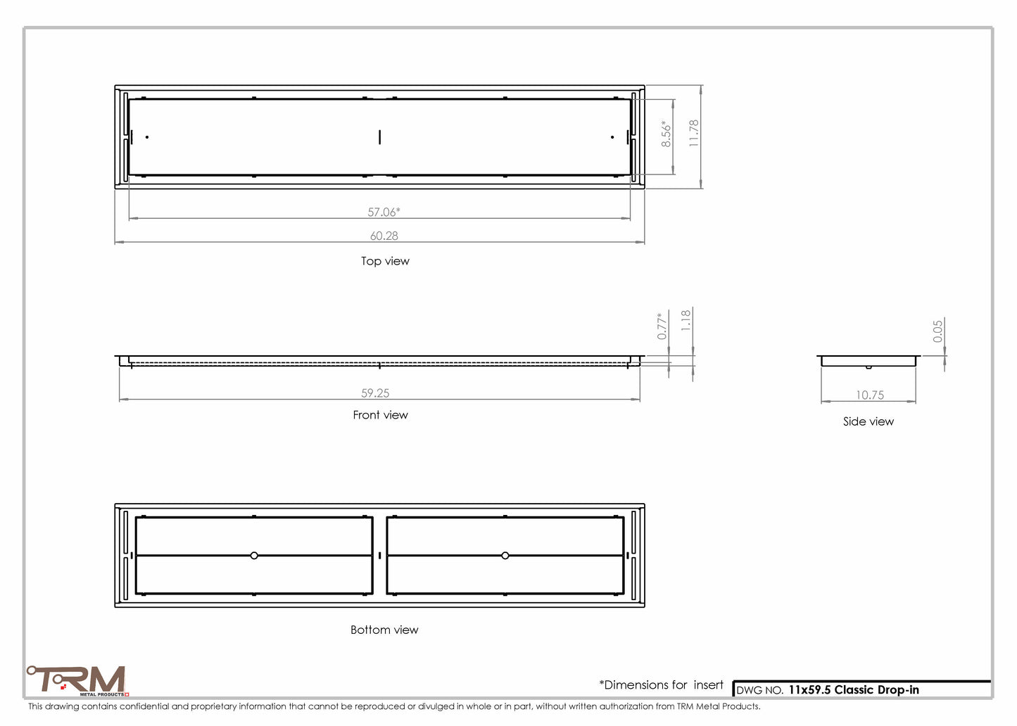 11x59.5 - Classic Drop-in Air Vent, Flush Floor-Matching, All Metal, Floor Vent Cover - TRM Metal  59.5x11