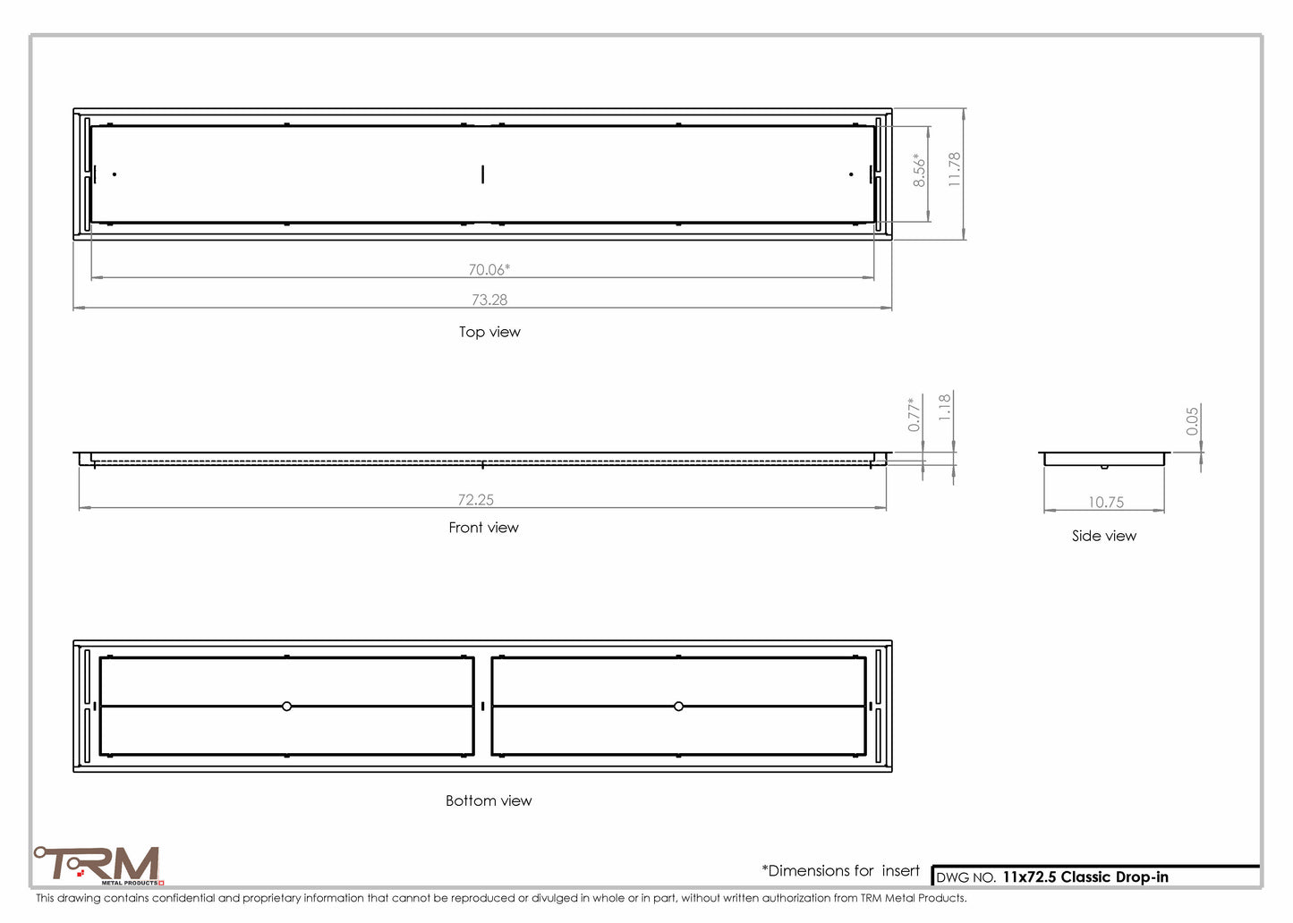 11x72.5 - Classic Drop-in Air Vent, Flush Floor-Matching, All Metal, Floor Vent Cover - TRM Metal  72.5x11