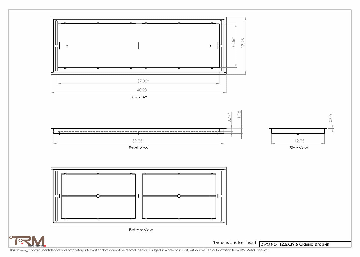 12.5x39.5 - Classic Drop-in Air Vent, Flush Floor-Matching, All Metal, Floor Vent Cover - TRM Metal  39.5x12.5