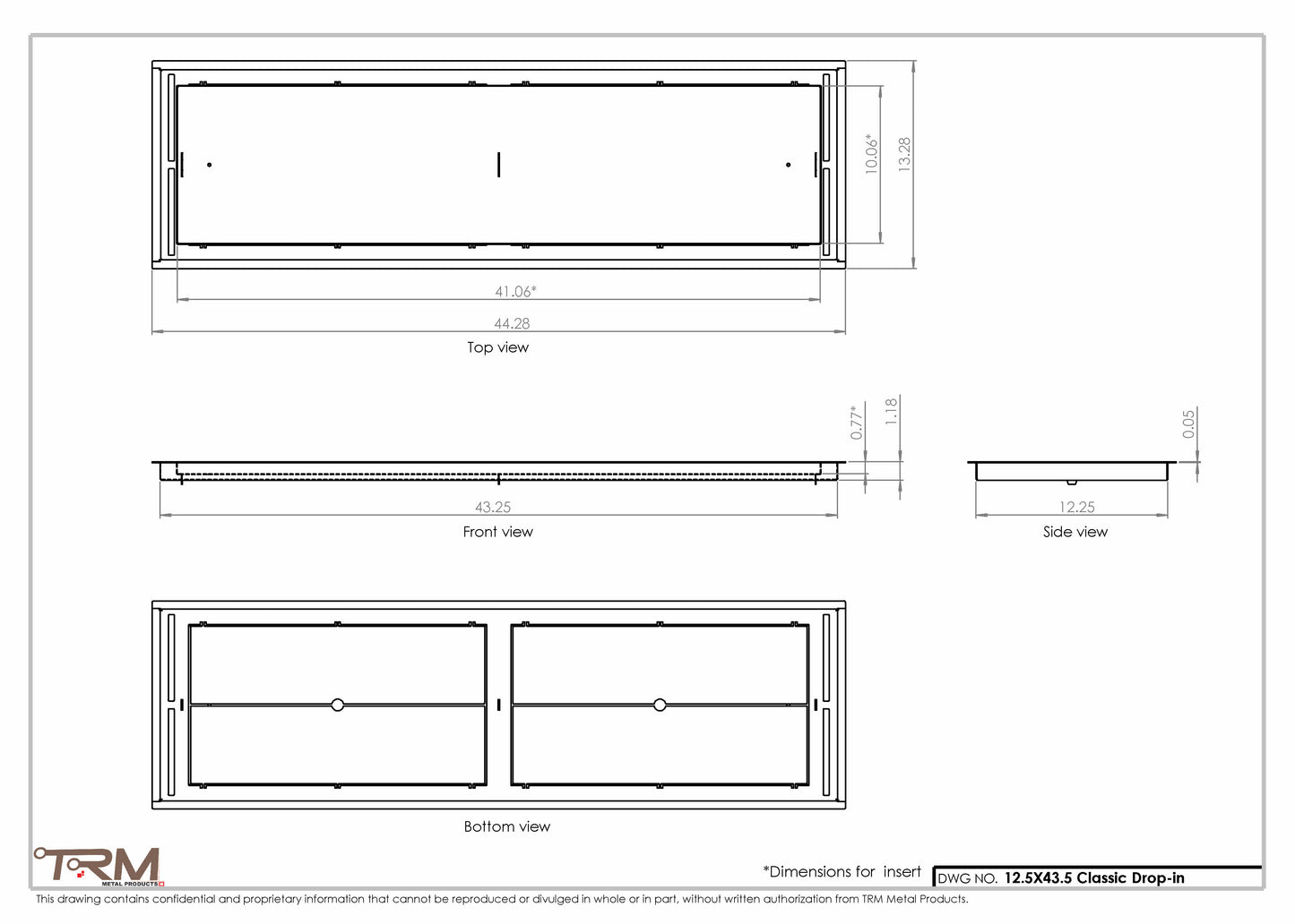 12.5x43.5 - Classic Drop-in Air Vent, Flush Floor-Matching, All Metal, Floor Vent Cover - TRM Metal  43.5x12.5