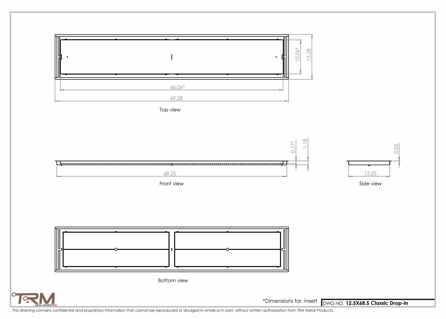 12.5x68.5 - Classic Drop-in Air Vent, Flush Floor-Matching, All Metal, Floor Vent Cover - TRM Metal  68.5x12.5