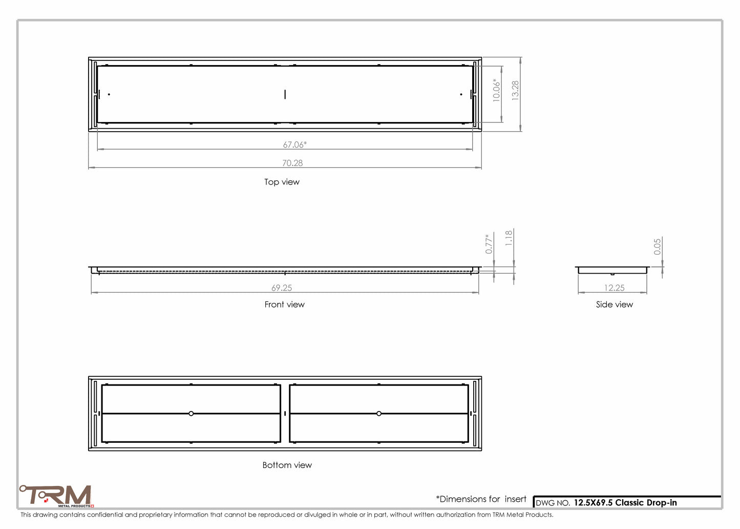 12.5x69.5 - Classic Drop-in Air Vent, Flush Floor-Matching, All Metal, Floor Vent Cover - TRM Metal  69.5x12.5
