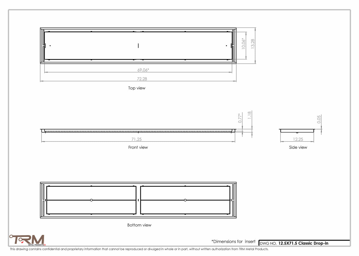 12.5x71.5 - Classic Drop-in Air Vent, Flush Floor-Matching, All Metal, Floor Vent Cover - TRM Metal  71.5x12.5