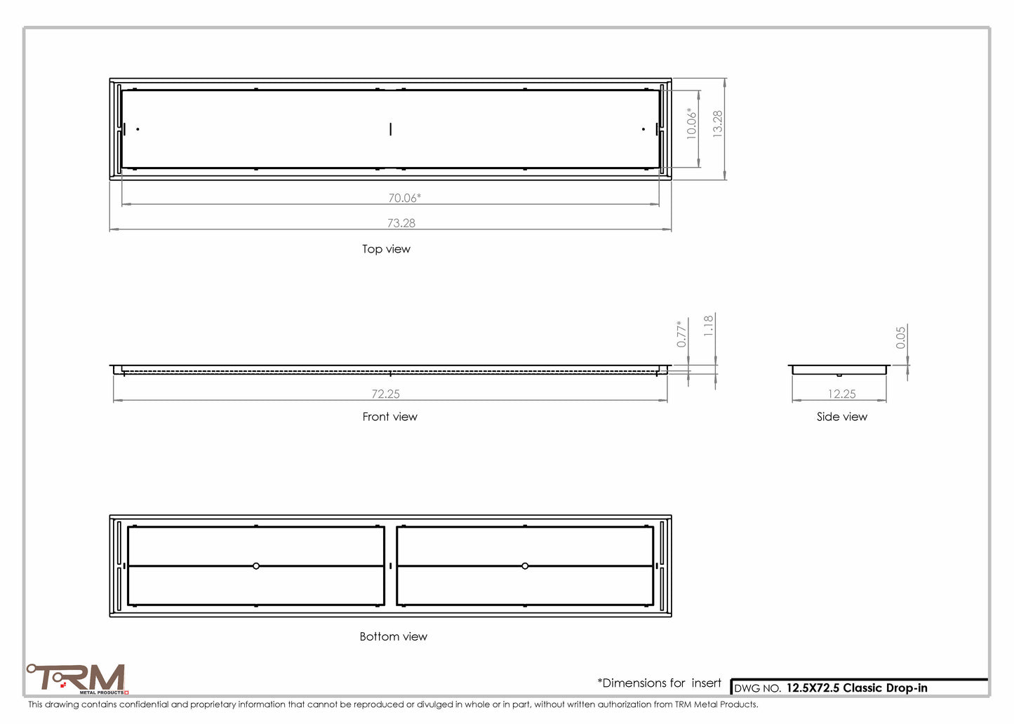 12.5x72.5 - Classic Drop-in Air Vent, Flush Floor-Matching, All Metal, Floor Vent Cover - TRM Metal  72.5x12.5
