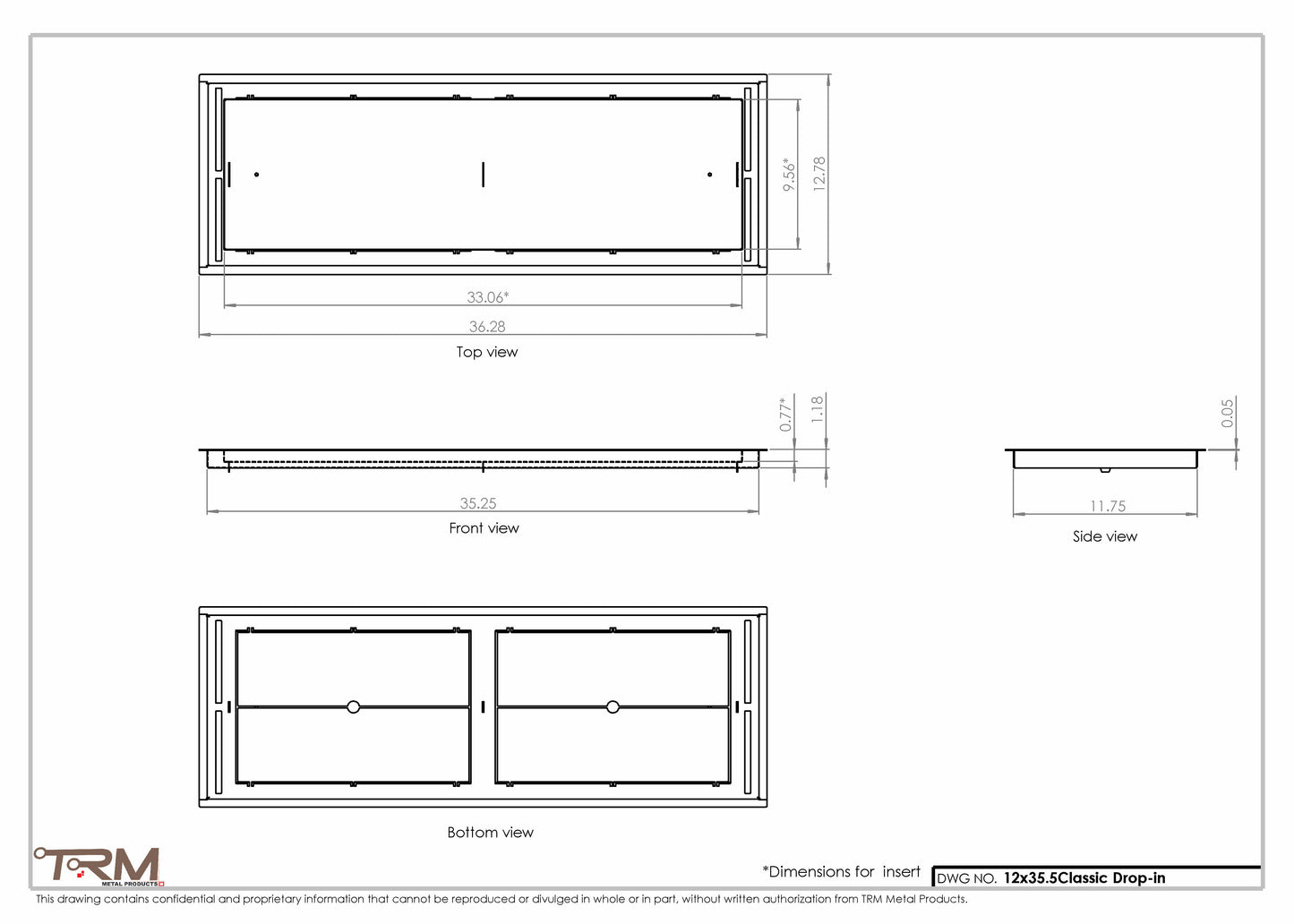 12x35.5 - Classic Drop-in Air Vent, Flush Floor-Matching, All Metal, Floor Vent Cover - TRM Metal  35.5x12