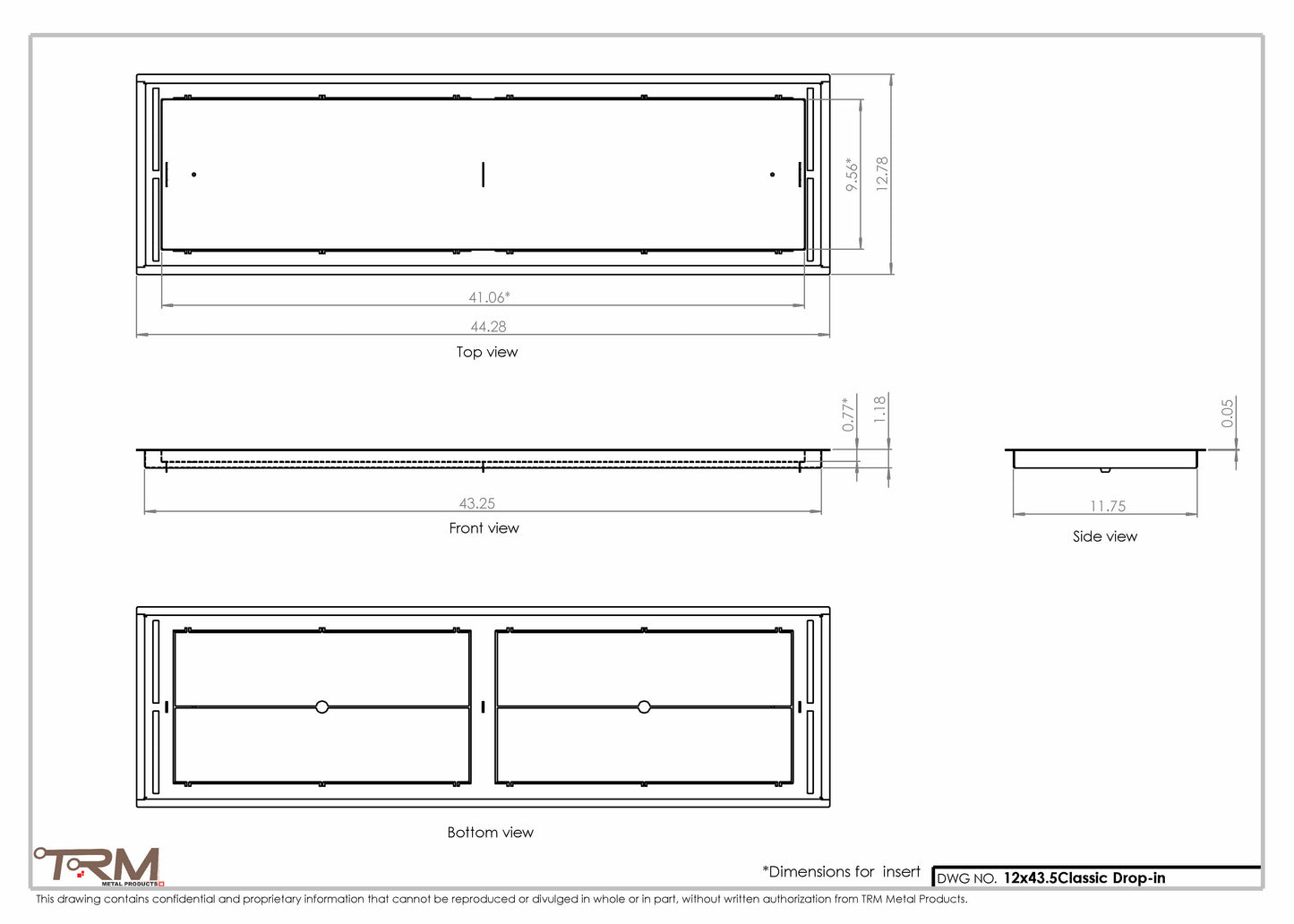 12x43.5 - Classic Drop-in Air Vent, Flush Floor-Matching, All Metal, Floor Vent Cover - TRM Metal  43.5x12