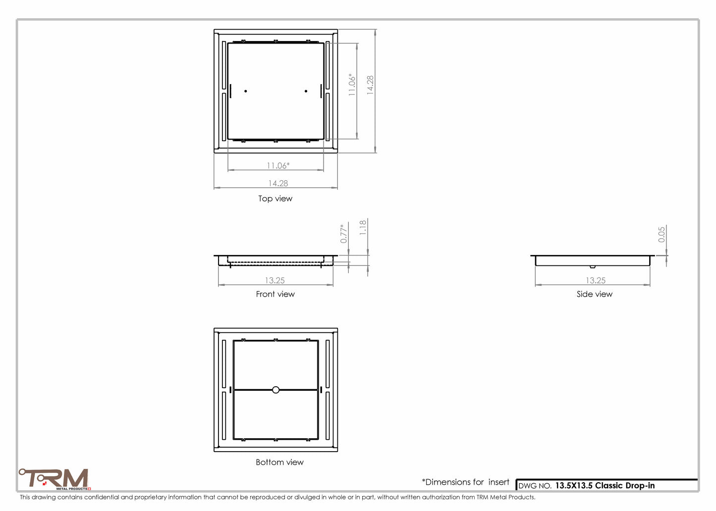 13.5x13.5 - Classic Drop-in Air Vent, Flush Floor-Matching, All Metal, Floor Vent Cover - TRM Metal  13.5x13.5