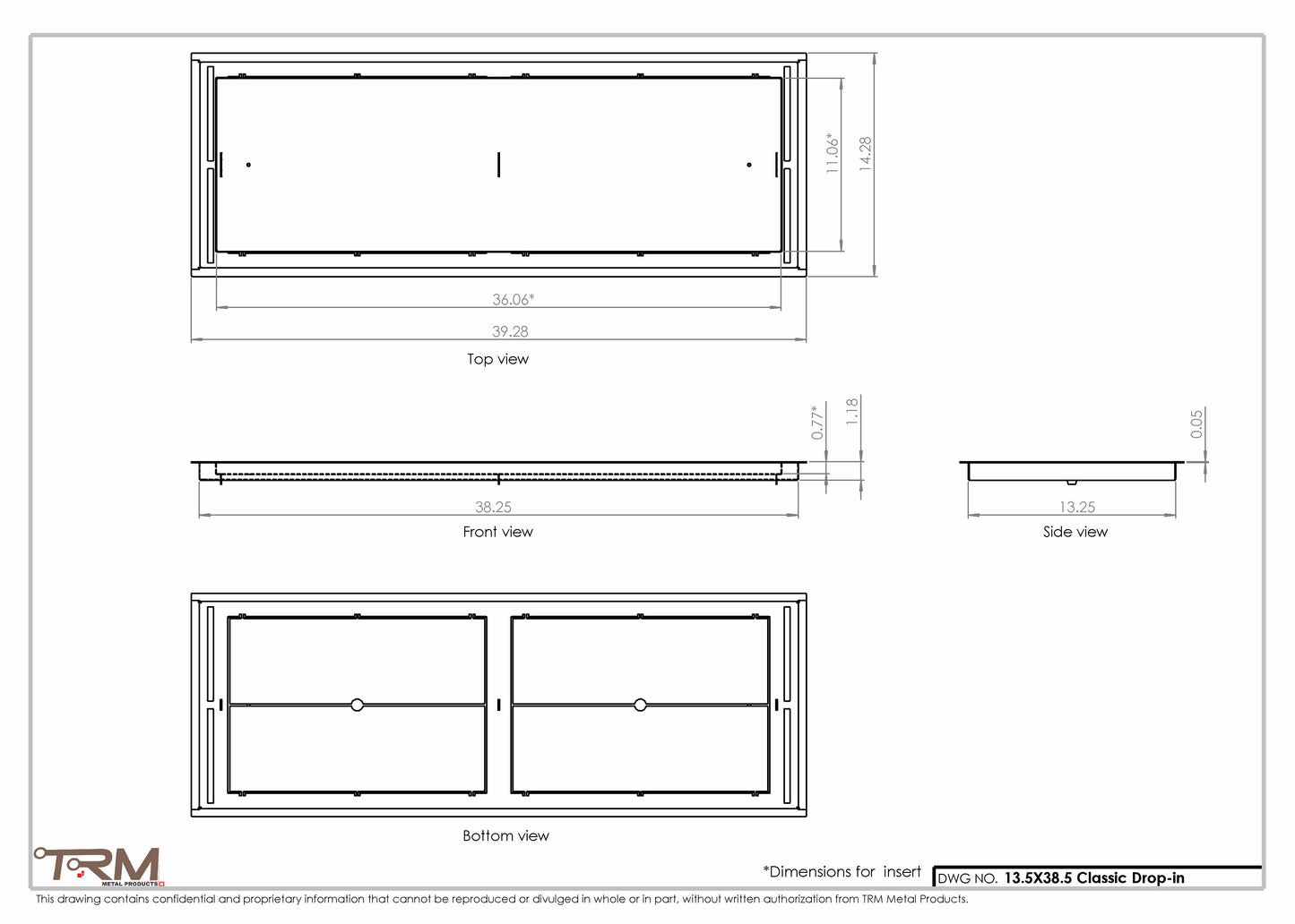13.5x38.5 - Classic Drop-in Air Vent, Flush Floor-Matching, All Metal, Floor Vent Cover - TRM Metal  38.5x13.5