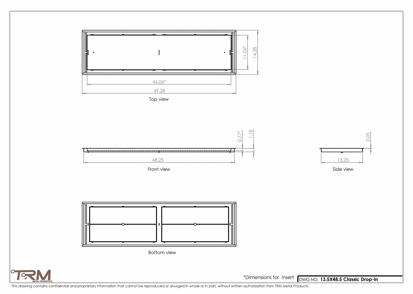 13.5x48.5 - Classic Drop-in Air Vent, Flush Floor-Matching, All Metal, Floor Vent Cover - TRM Metal  48.5x13.5