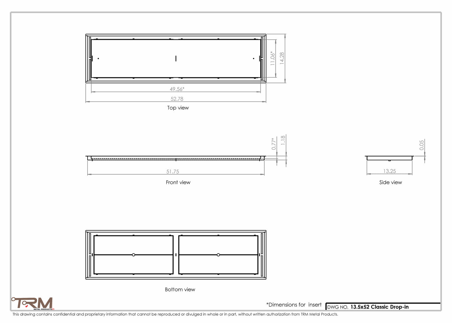 13.5x52 - Classic Drop-in Air Vent, Flush Floor-Matching, All Metal, Floor Vent Cover - TRM Metal  52x13.5
