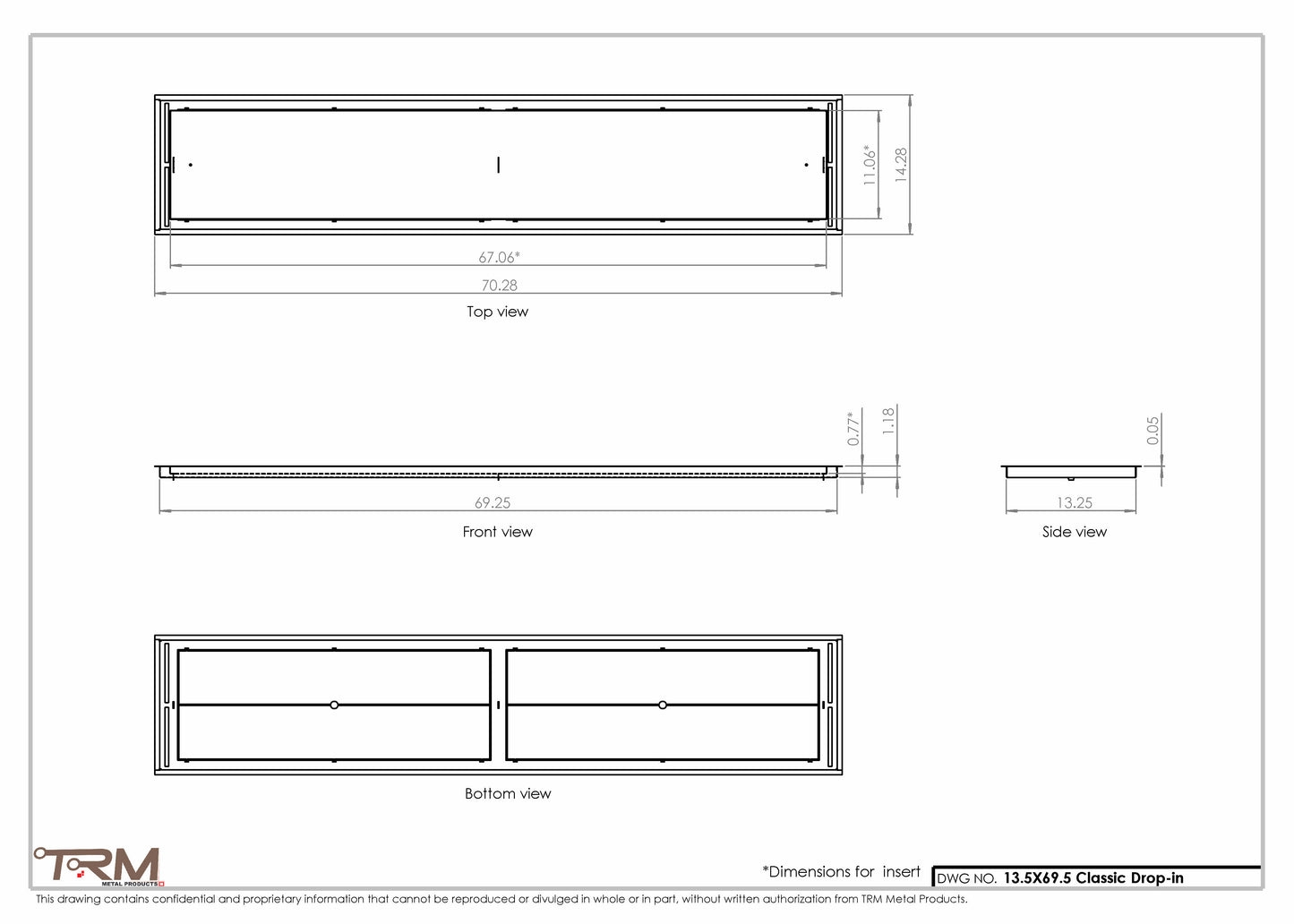 13.5x69.5 - Classic Drop-in Air Vent, Flush Floor-Matching, All Metal, Floor Vent Cover - TRM Metal  69.5x13.5