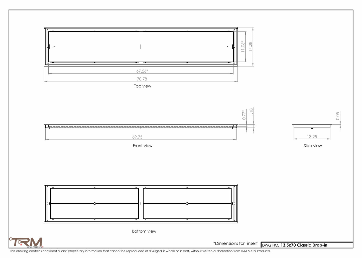 13.5x70 - Classic Drop-in Air Vent, Flush Floor-Matching, All Metal, Floor Vent Cover - TRM Metal  70x13.5