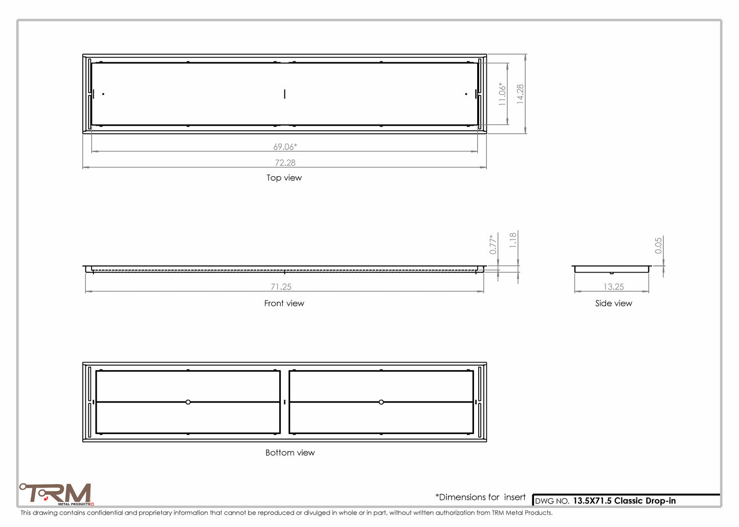13.5x71.5 - Classic Drop-in Air Vent, Flush Floor-Matching, All Metal, Floor Vent Cover - TRM Metal  71.5x13.5