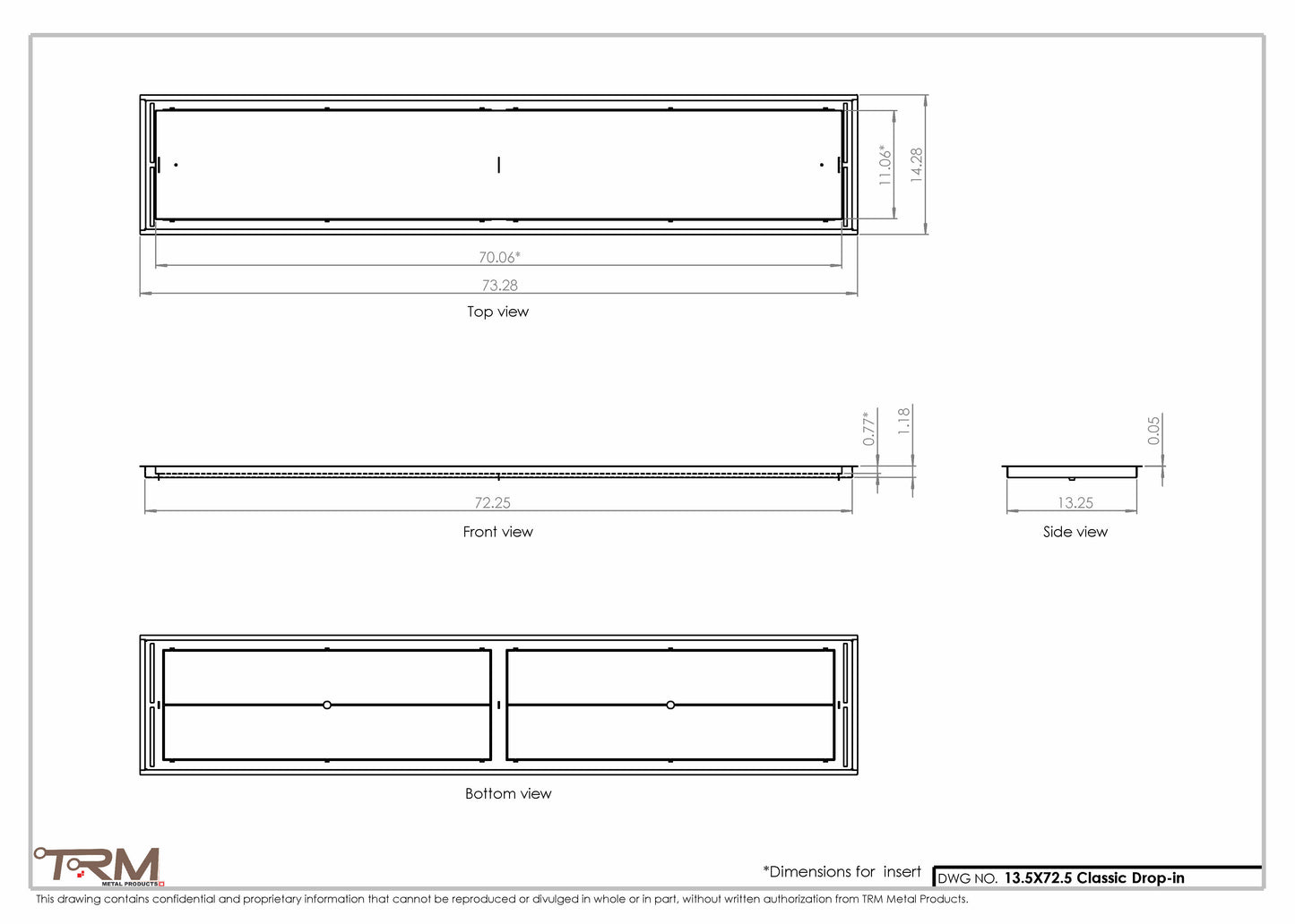 13.5x72.5 - Classic Drop-in Air Vent, Flush Floor-Matching, All Metal, Floor Vent Cover - TRM Metal  72.5x13.5