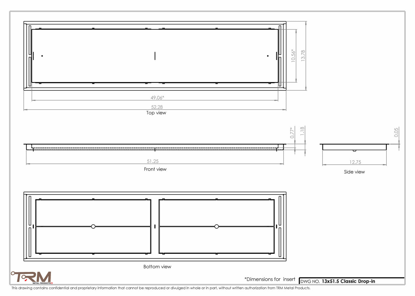 13x51.5 - Classic Drop-in Air Vent, Flush Floor-Matching, All Metal, Floor Vent Cover - TRM Metal  51.5x13