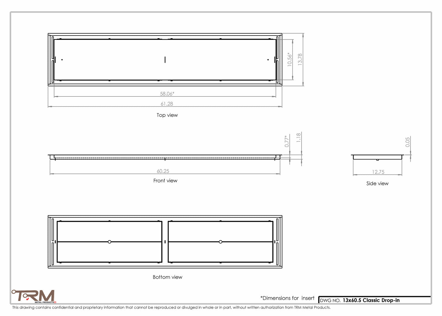 13x60.5 - Classic Drop-in Air Vent, Flush Floor-Matching, All Metal, Floor Vent Cover - TRM Metal  60.5x13