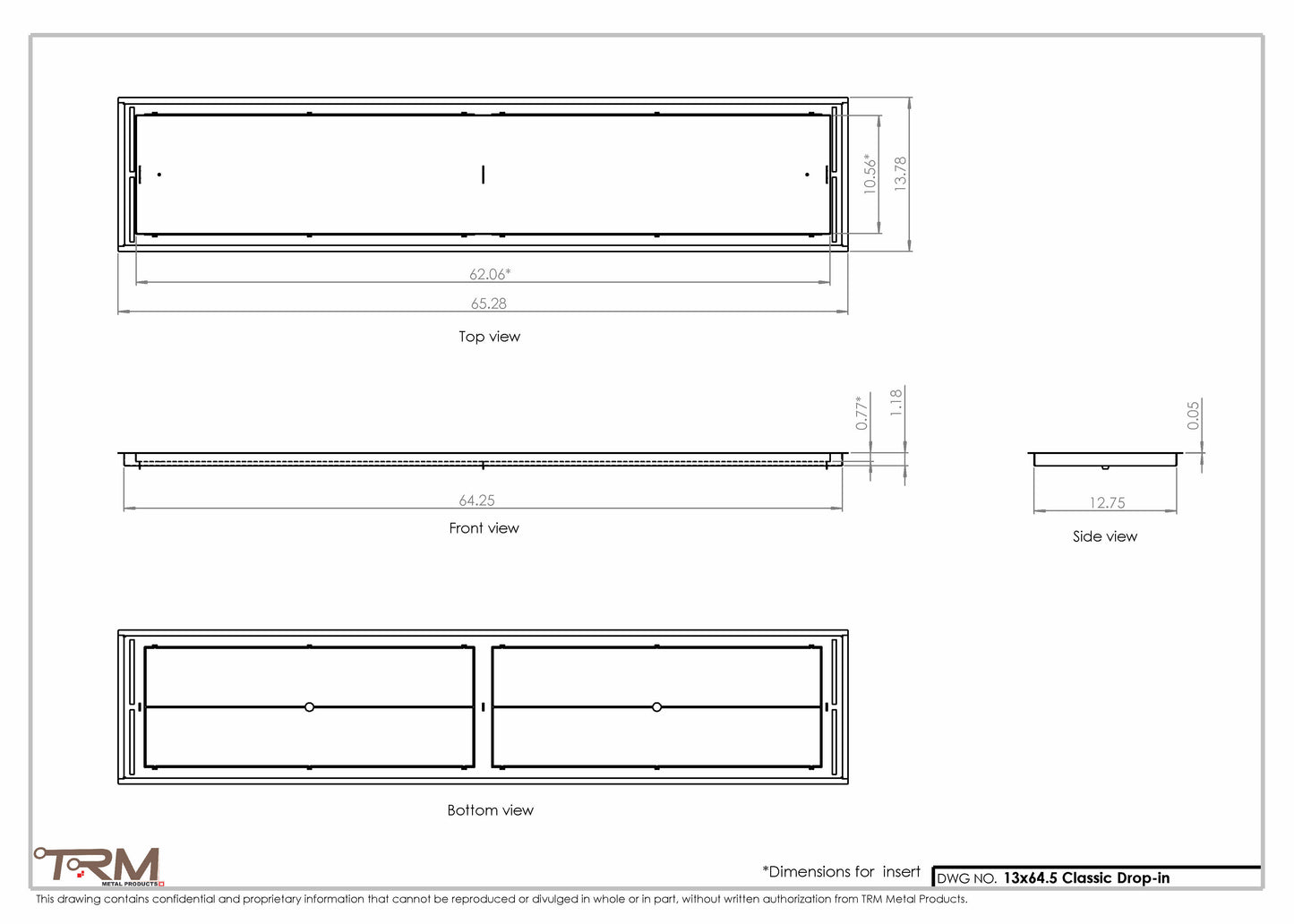 13x64.5 - Classic Drop-in Air Vent, Flush Floor-Matching, All Metal, Floor Vent Cover - TRM Metal  64.5x13