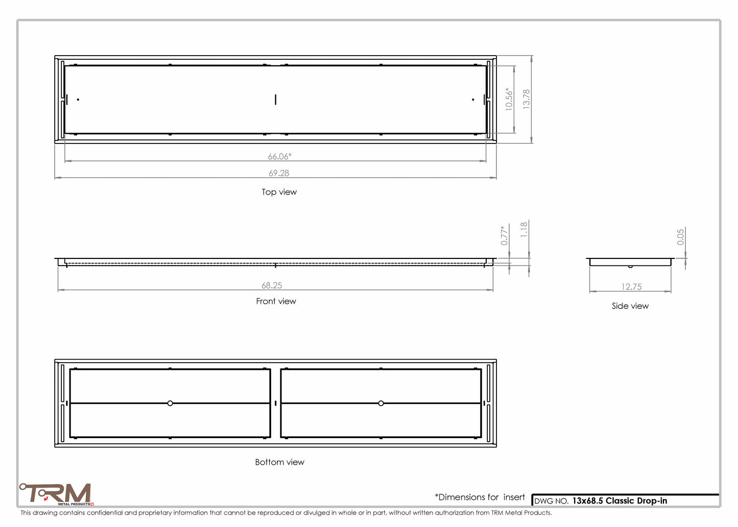 13x68.5 - Classic Drop-in Air Vent, Flush Floor-Matching, All Metal, Floor Vent Cover - TRM Metal  68.5x13