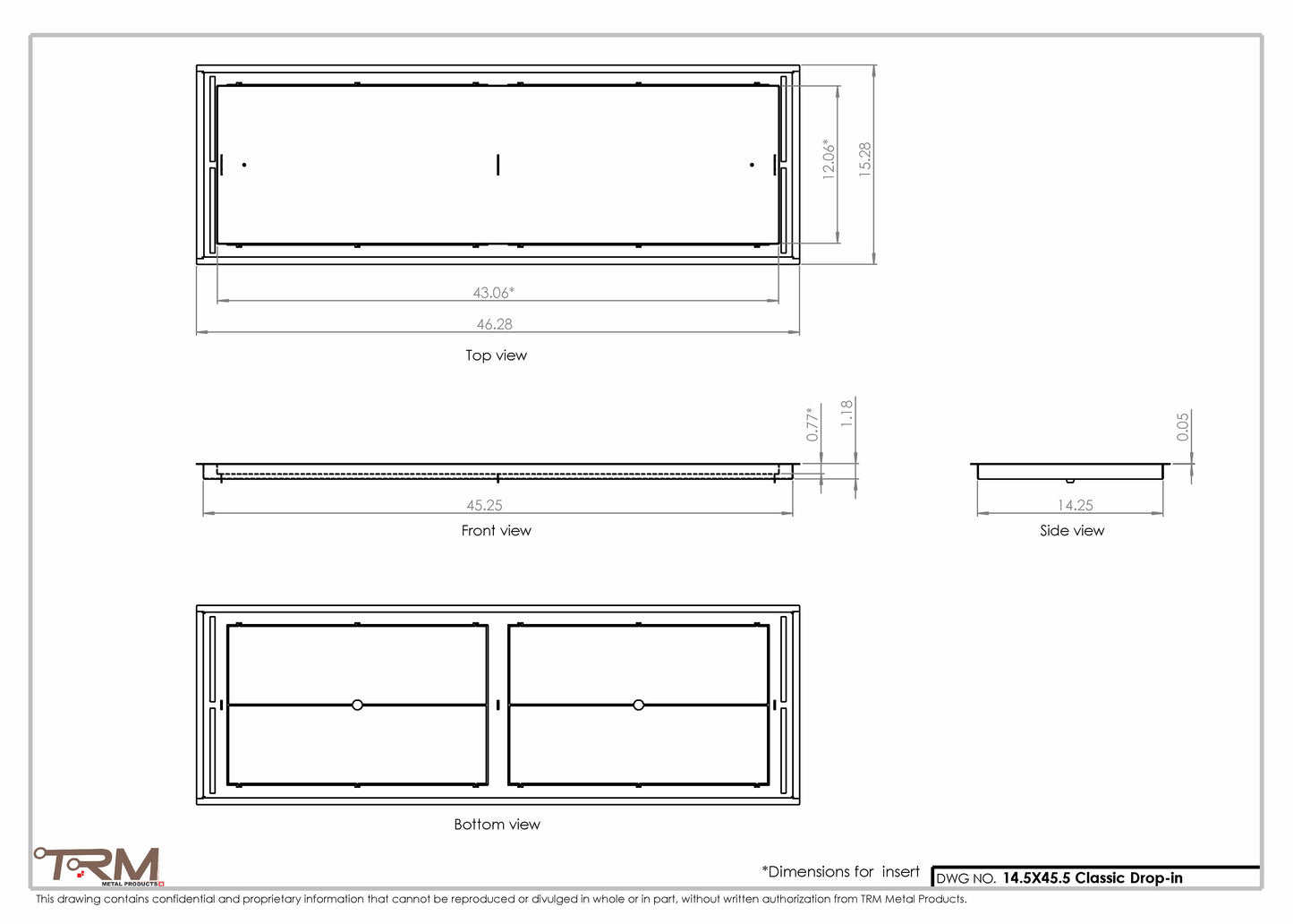 14.5x45.5 - Classic Drop-in Air Vent, Flush Floor-Matching, All Metal, Floor Vent Cover - TRM Metal  45.5x14.5