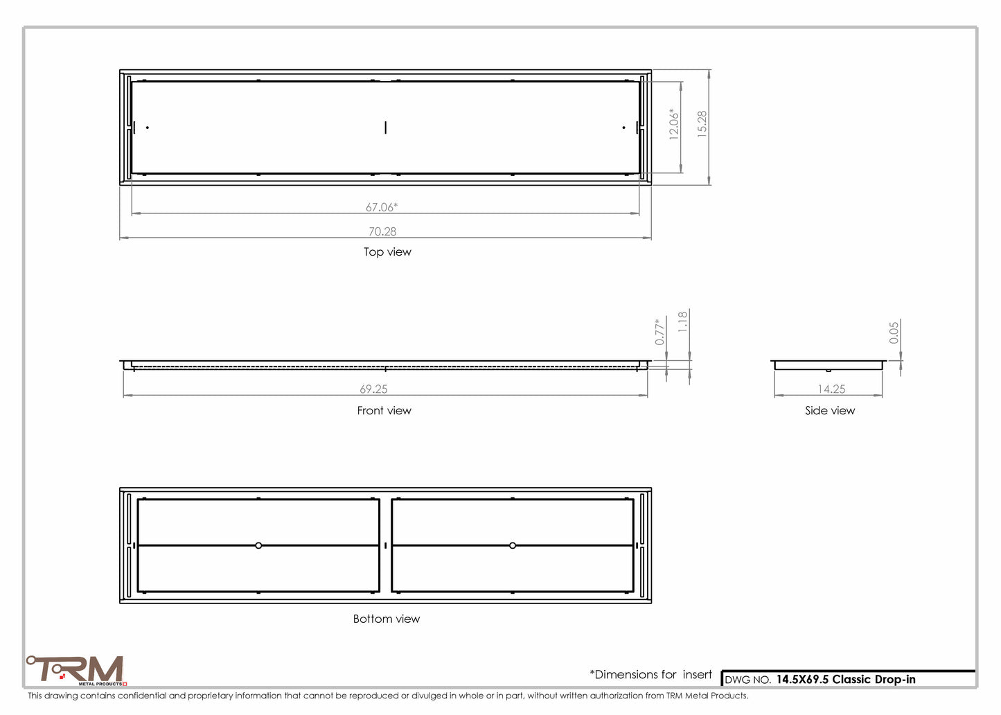 14.5x69.5 - Classic Drop-in Air Vent, Flush Floor-Matching, All Metal, Floor Vent Cover - TRM Metal  69.5x14.5