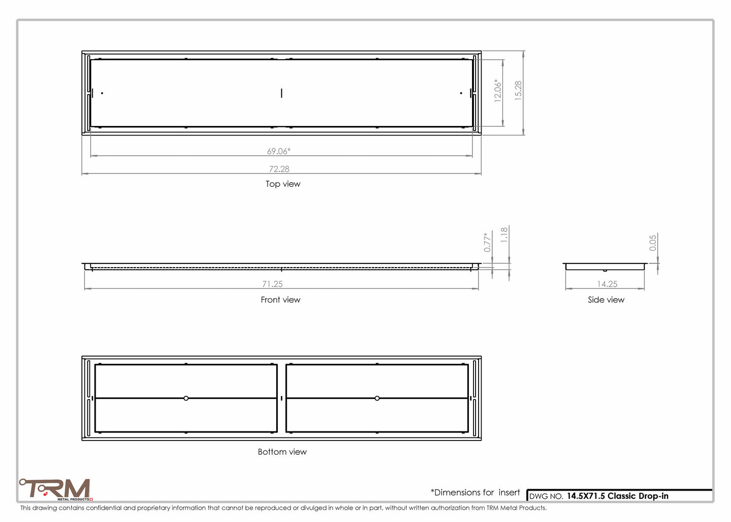 14.5x71.5 - Classic Drop-in Air Vent, Flush Floor-Matching, All Metal, Floor Vent Cover - TRM Metal  71.5x14.5