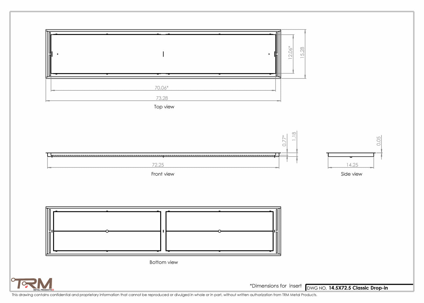 14.5x72.5 - Classic Drop-in Air Vent, Flush Floor-Matching, All Metal, Floor Vent Cover - TRM Metal  72.5x14.5