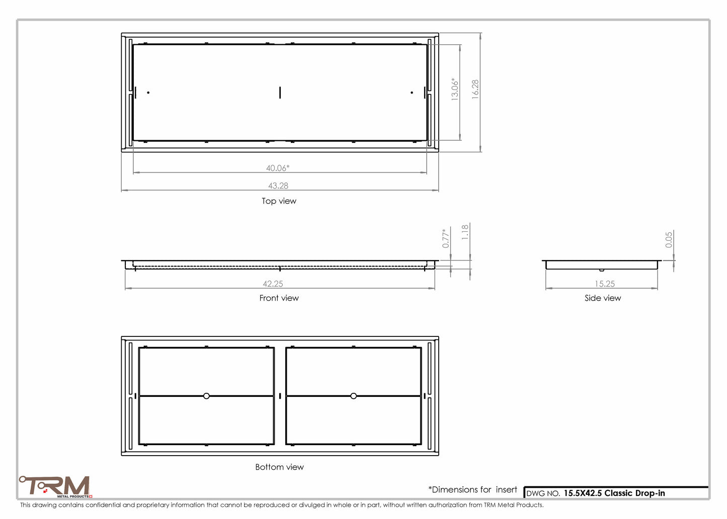 15.5x42.5 - Classic Drop-in Air Vent, Flush Floor-Matching, All Metal, Floor Vent Cover - TRM Metal  42.5x15.5