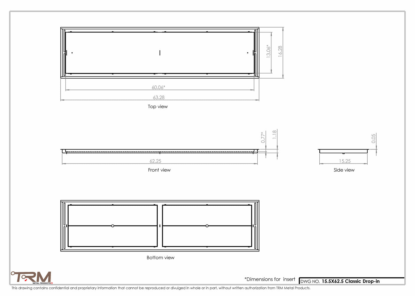 15.5x62.5 - Classic Drop-in Air Vent, Flush Floor-Matching, All Metal, Floor Vent Cover - TRM Metal  62.5x15.5