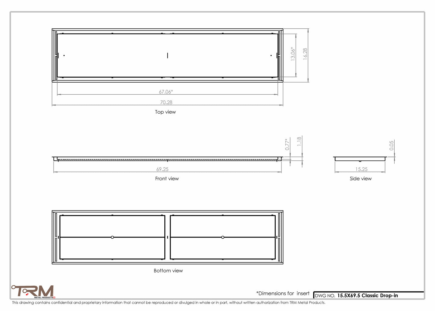 15.5x69.5 - Classic Drop-in Air Vent, Flush Floor-Matching, All Metal, Floor Vent Cover - TRM Metal  69.5x15.5