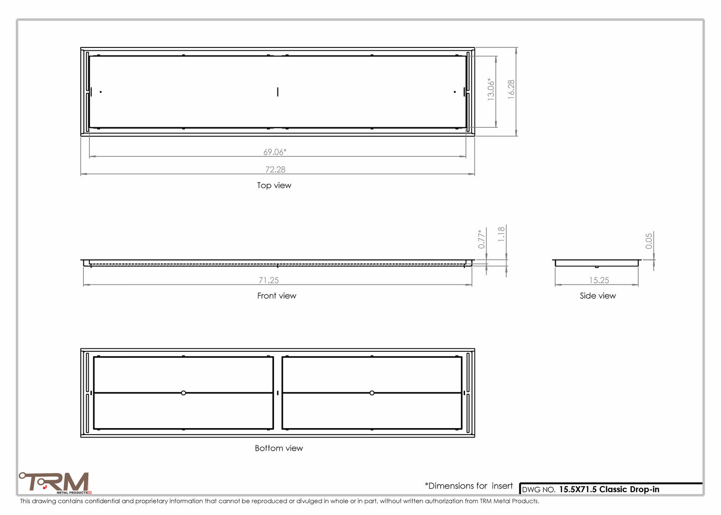 15.5x71.5 - Classic Drop-in Air Vent, Flush Floor-Matching, All Metal, Floor Vent Cover - TRM Metal  71.5x15.5