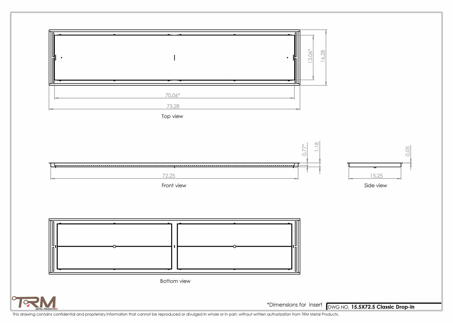 15.5x72.5 - Classic Drop-in Air Vent, Flush Floor-Matching, All Metal, Floor Vent Cover - TRM Metal  72.5x15.5
