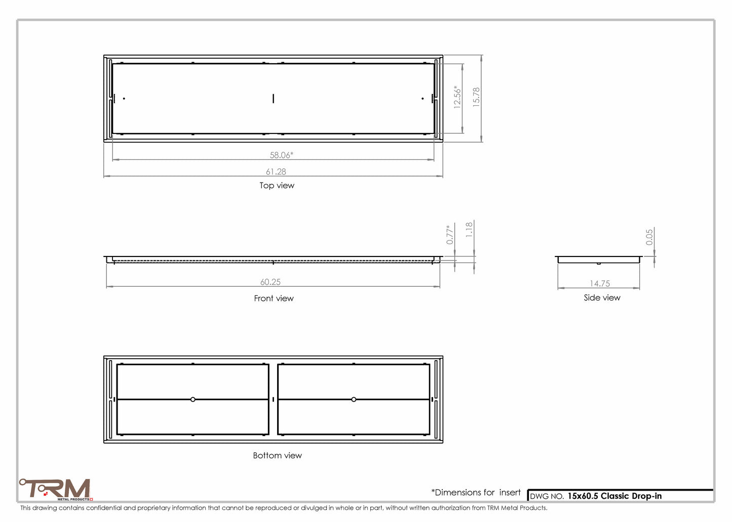 15x60.5 - Classic Drop-in Air Vent, Flush Floor-Matching, All Metal, Floor Vent Cover - TRM Metal  60.5x15