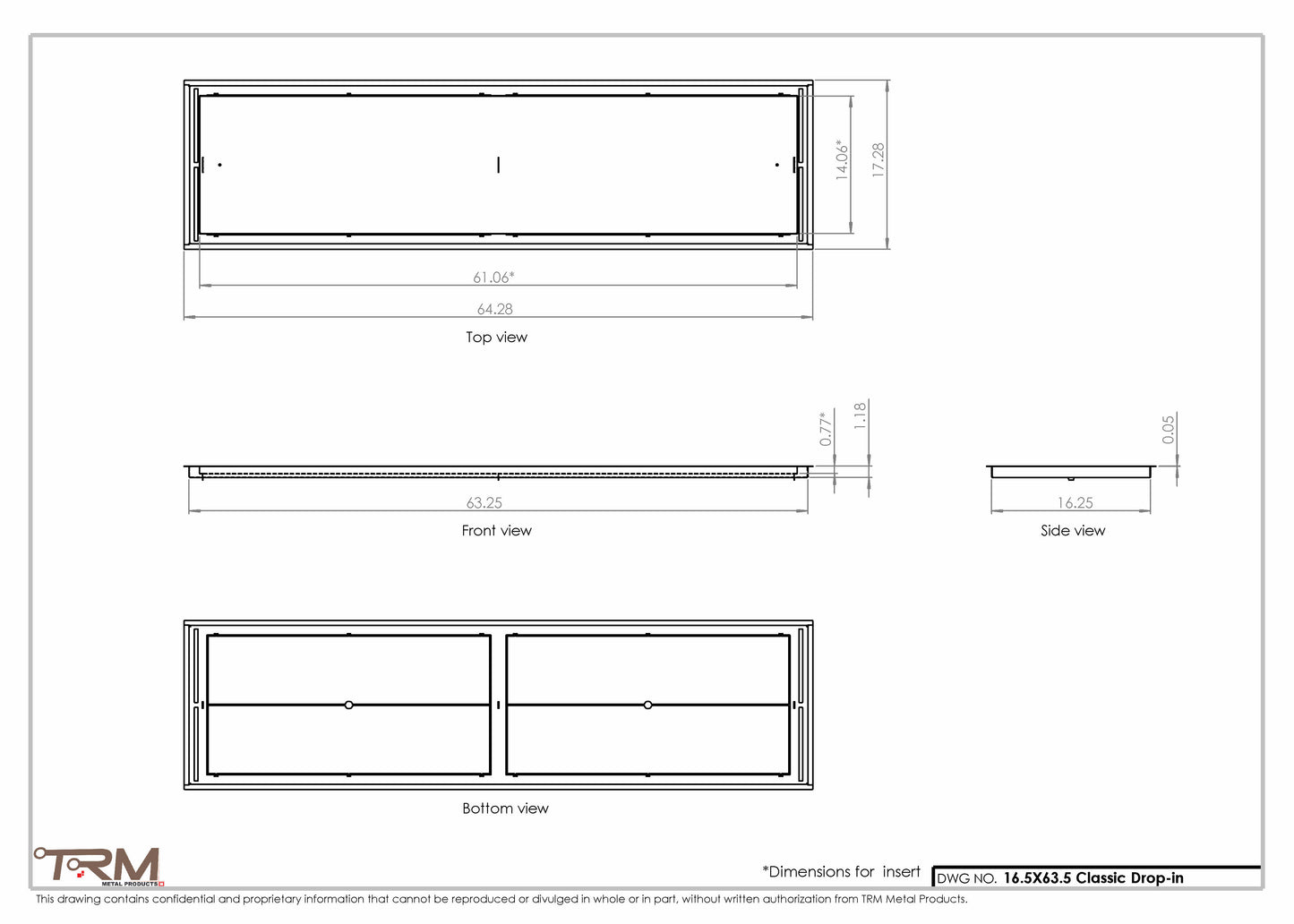 16.5x63.5 - Classic Drop-in Air Vent, Flush Floor-Matching, All Metal, Floor Vent Cover - TRM Metal  63.5x16.5
